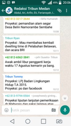 PROYEKSI liputan yang disampaikan reporter di grup WhatsApp "Redaksi Tribun Medan". (FOTO: TRULY OKTO PURBA)
